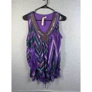 Adiva Blouse Womens Medium Purple Geometric Beaded Ruffle Tunic Top Sequin